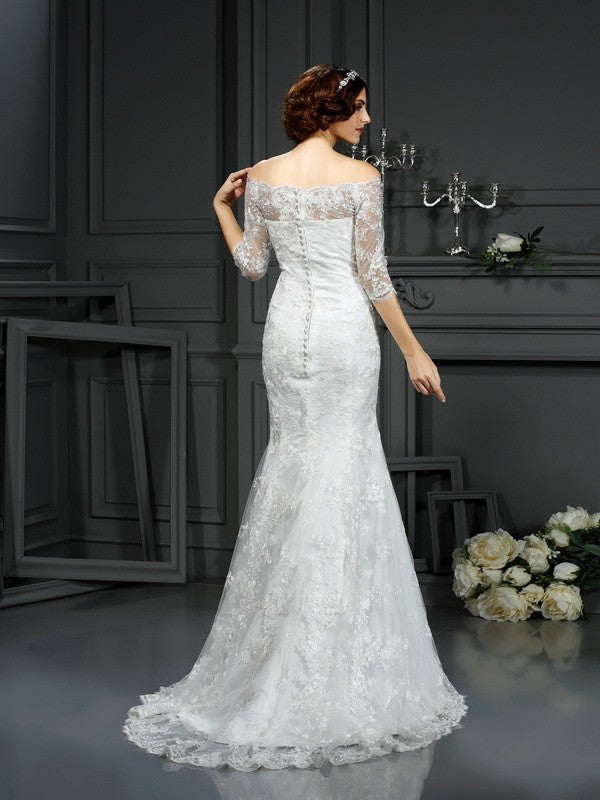 Sheath/Column Off-the-Shoulder Lace 1/2 Sleeves Long Lace Wedding Dresses