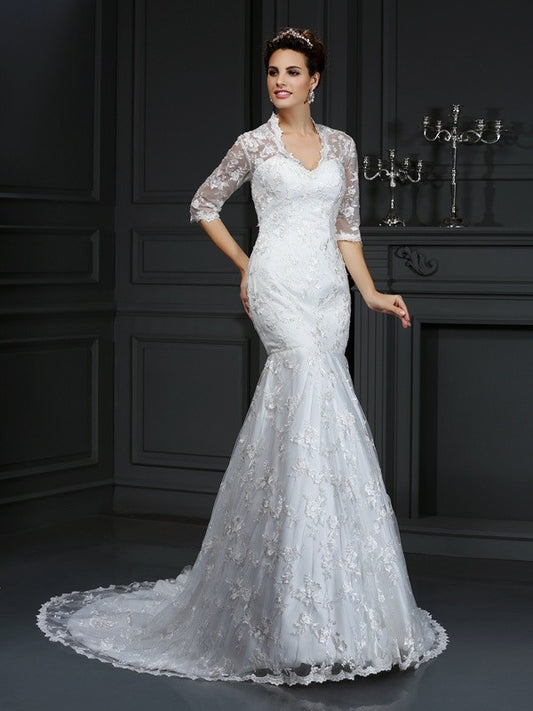 Trumpet/Mermaid V-neck Lace 1/2 Sleeves Long Lace Wedding Dresses