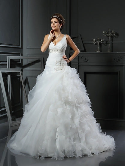 Ball Gown V-neck Ruffles Sleeveless Long Organza Wedding Dresses