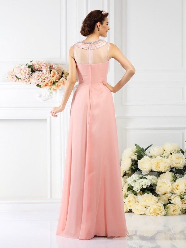 A-Line/Princess Bateau Beading Sleeveless Long Chiffon Bridesmaid Dresses