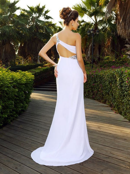 A-Line/Princess One-Shoulder Beading Sleeveless Long Chiffon Wedding Dresses