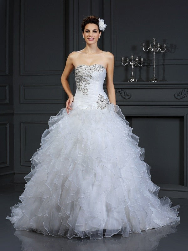 Ball Gown Strapless Beading Sleeveless Long Organza Wedding Dresses