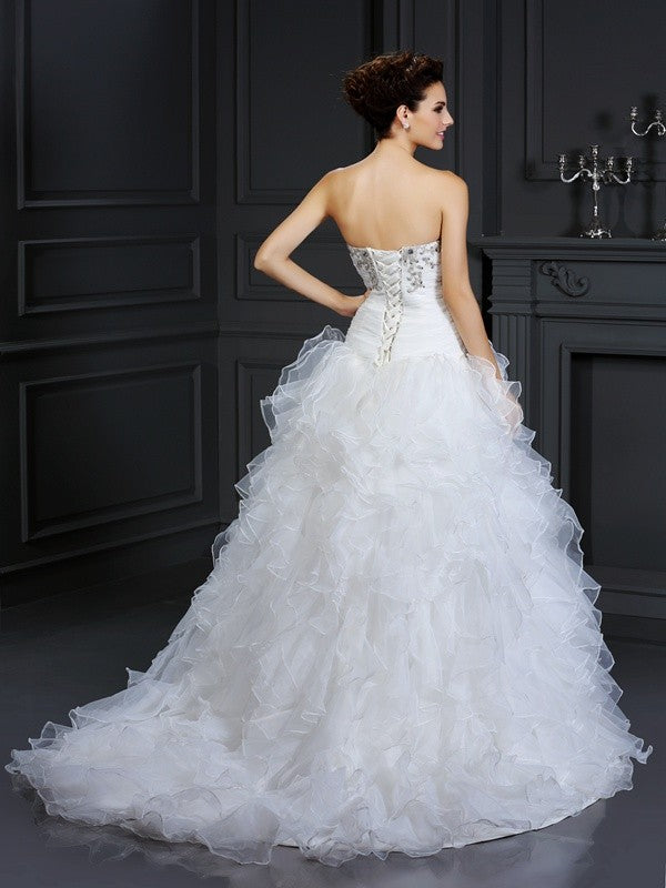 Ball Gown Strapless Beading Sleeveless Long Organza Wedding Dresses