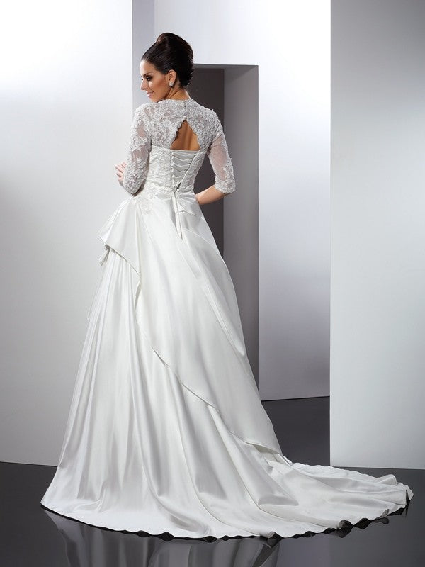 A-Line/Princess V-neck Applique 1/2 Sleeves Long Satin Wedding Dresses