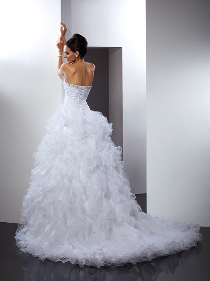 Ball Gown Sweetheart Beading Sleeveless Long Organza Wedding Dresses