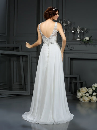 A-Line/Princess V-neck Lace Sleeveless Long Chiffon Wedding Dresses