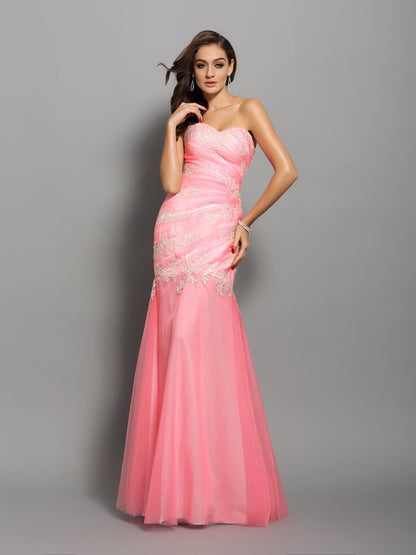 Trumpet/Mermaid Sweetheart Beading Sleeveless Long Elastic Woven Satin Dresses