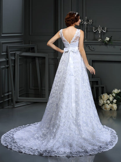 A-Line/Princess V-neck Lace Sleeveless Long Satin Wedding Dresses