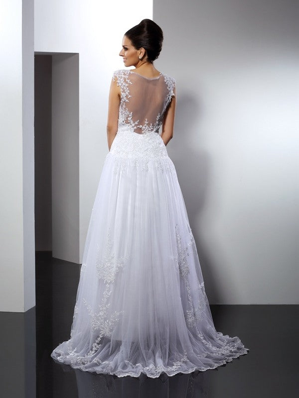 A-Line/Princess Straps Applique Sleeveless Long Lace Wedding Dresses