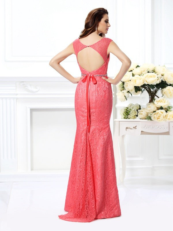 Trumpet/Mermaid Bateau Beading Sleeveless Long Lace Dresses