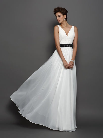 A-Line/Princess V-neck Sash/Ribbon/Belt Sleeveless Long Chiffon Wedding Dresses