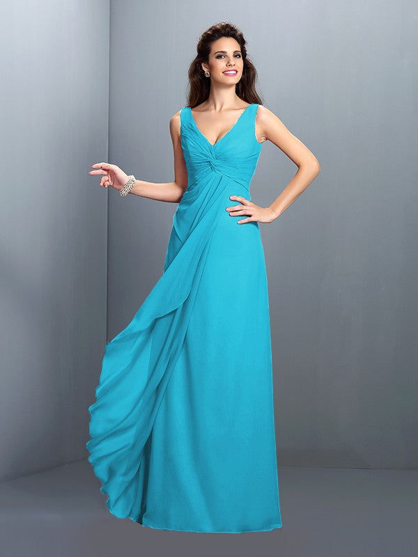 A-Line/Princess Straps Pleats Sleeveless Long Chiffon Bridesmaid Dresses