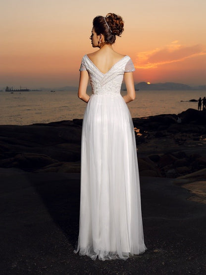 A-Line/Princess Off-the-Shoulder Beading Short Sleeves Long Tulle Beach Wedding Dresses