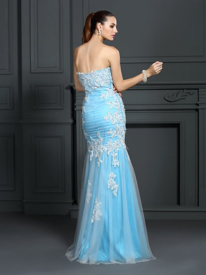 Trumpet/Mermaid Strapless Applique Sleeveless Long Elastic Woven Satin Dresses