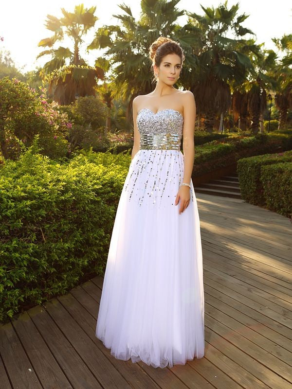 A-Line/Princess Sweetheart Beading Sleeveless Long Organza Dresses