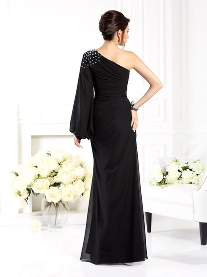 Sheath/Column One-Shoulder Beading Long Sleeves Long Chiffon Mother of the Bride Dresses