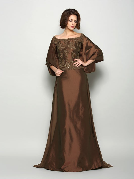 A-Line/Princess Off-the-Shoulder Beading 1/2 Sleeves Long Taffeta Mother of the Bride Dresses