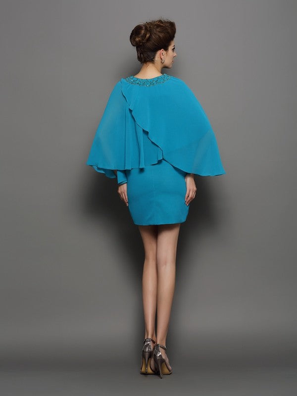 Sheath/Column Scoop Beading Long Sleeves Short Silk like Satin Mother of the Bride Dresses