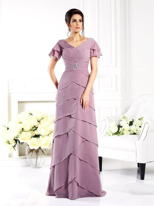 Sheath/Column V-neck Short Sleeves Long Chiffon Mother of the Bride Dresses