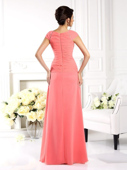 A-Line/Princess Bateau Short Sleeves Long Chiffon Mother of the Bride Dresses