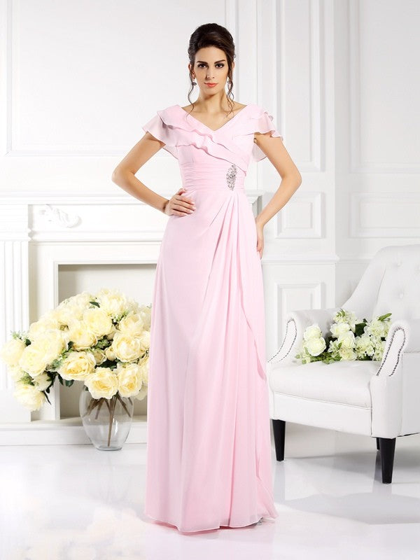 A-Line/Princess V-neck Ruffles Short Sleeves Long Chiffon Mother of the Bride Dresses