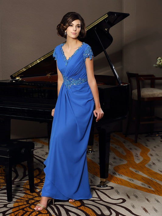 A-Line/Princess V-neck Beading Applique Short Sleeves Long Chiffon Mother of the Bride Dresses