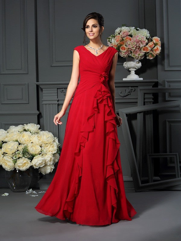 A-Line/Princess V-neck Hand-Made Flower Sleeveless Long Chiffon Mother of the Bride Dresses