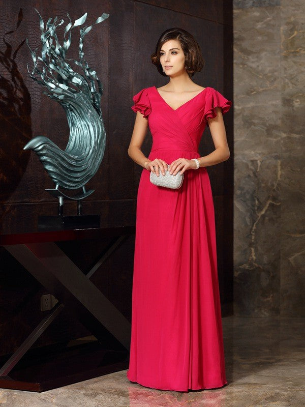 A-Line/Princess V-neck Ruched Short Sleeves Long Chiffon Mother of the Bride Dresses