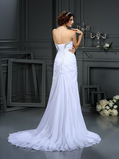 Sheath/Column Sweetheart Beading Sleeveless Long Chiffon Wedding Dresses