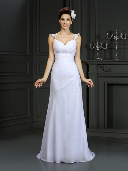 Trumpet/Mermaid Straps Beading Sleeveless Long Chiffon Wedding Dresses