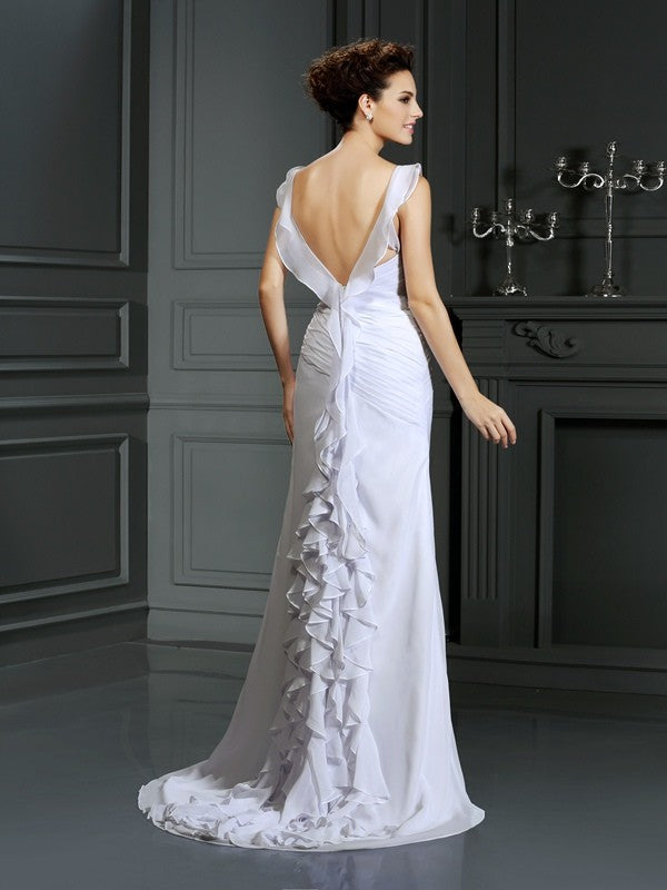 Trumpet/Mermaid Straps Beading Sleeveless Long Chiffon Wedding Dresses