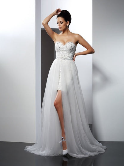 A-Line/Princess Sweetheart Applique Sleeveless Long Tulle Wedding Dresses