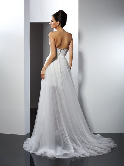 A-Line/Princess Sweetheart Applique Sleeveless Long Tulle Wedding Dresses