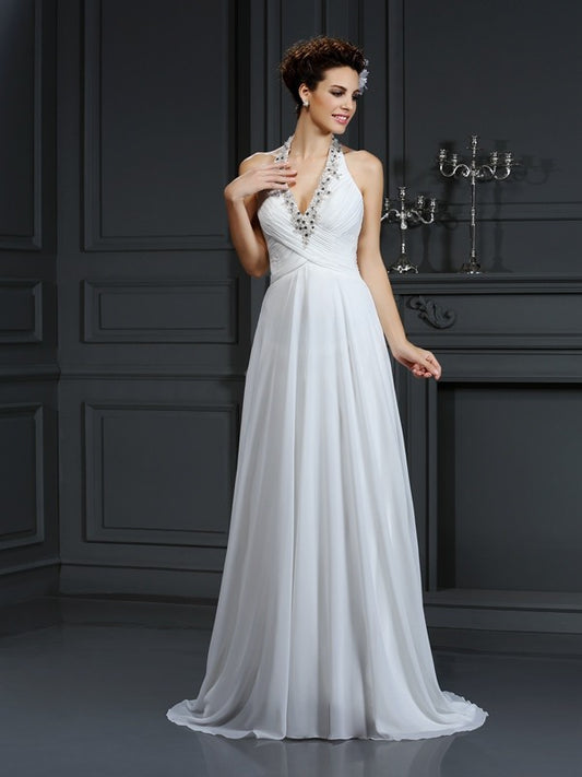 A-Line/Princess Halter Beading Sleeveless Long Chiffon Wedding Dresses