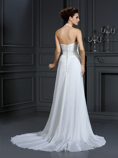 A-Line/Princess Halter Beading Sleeveless Long Chiffon Wedding Dresses