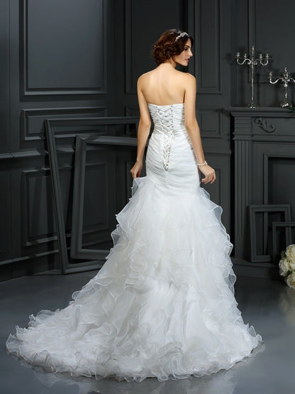 Trumpet/Mermaid Sweetheart Beading Sleeveless Long Organza Wedding Dresses