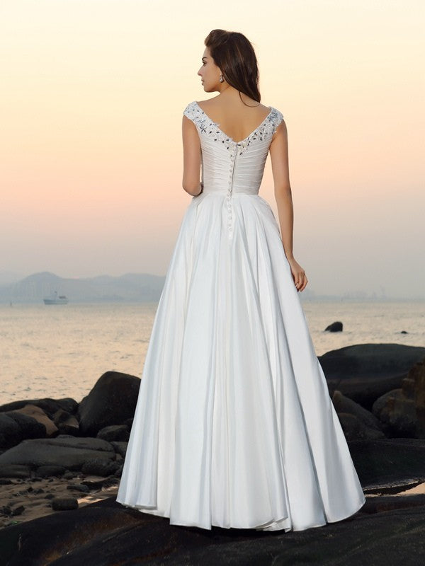 A-Line/Princess V-neck Beading Sleeveless Long Taffeta Beach Wedding Dresses