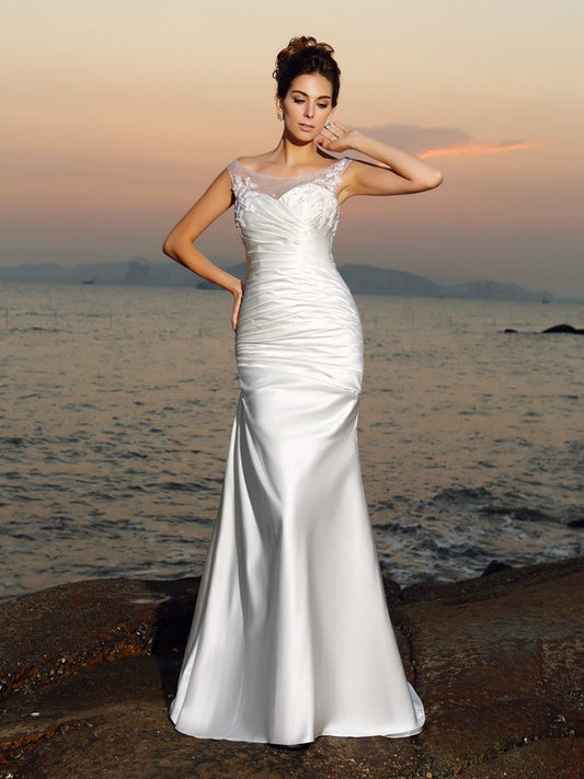 Trumpet/Mermaid Scoop Beading Sleeveless Long Satin Beach Wedding Dresses