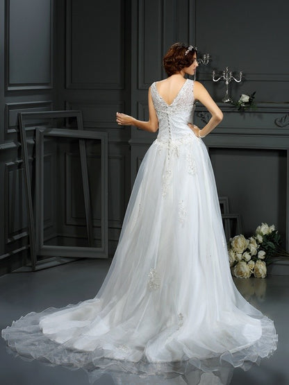 A-Line/Princess Scoop Applique Sleeveless Long Net Wedding Dresses