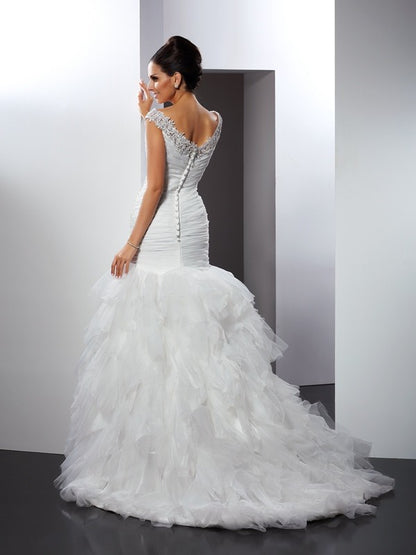 Trumpet/Mermaid V-neck Applique Sleeveless Long Tulle Wedding Dresses