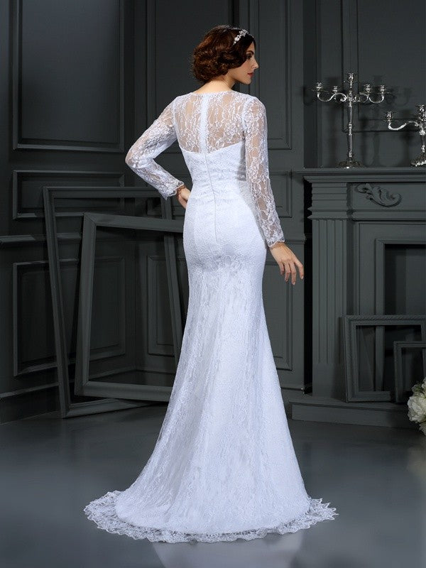 Sheath/Column Scoop Lace Long Sleeves Long Satin Wedding Dresses