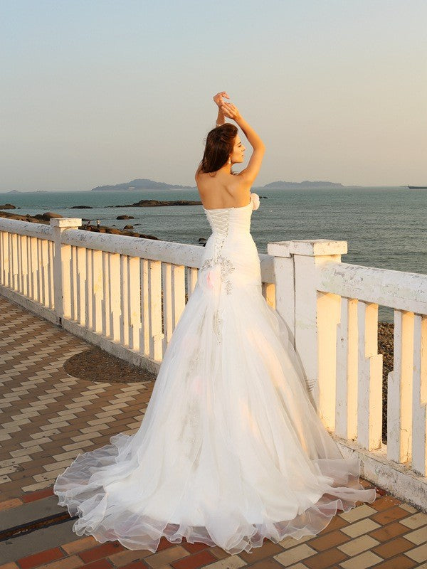 Ball Gown Strapless Hand-Made Flower Sleeveless Long Satin Beach Wedding Dresses