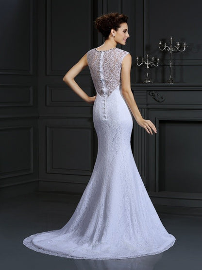 Sheath/Column V-neck Lace Sleeveless Long Satin Wedding Dresses