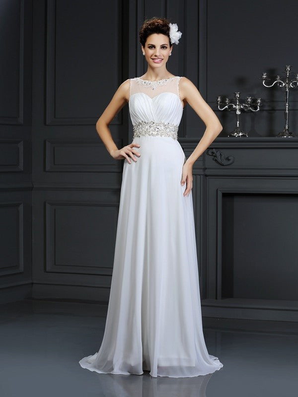 A-Line/Princess Bateau Ruffles Sleeveless Long Chiffon Wedding Dresses