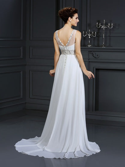 A-Line/Princess Bateau Ruffles Sleeveless Long Chiffon Wedding Dresses