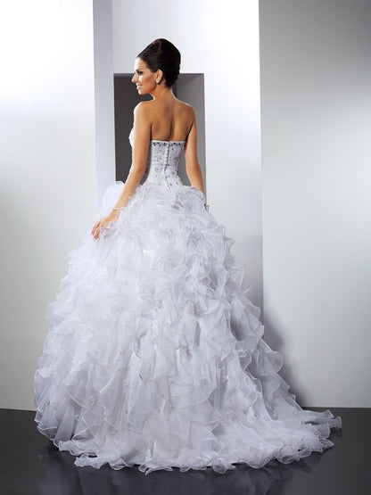 Ball Gown Sweetheart Ruffles Sleeveless Long Satin Wedding Dresses