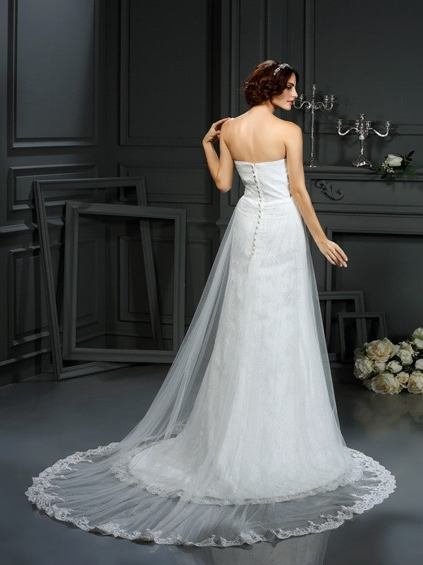 A-Line/Princess Sweetheart Pleats Sleeveless Long Net Wedding Dresses