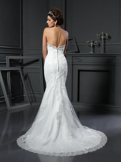 Sheath/Column Sweetheart Beading Sleeveless Long Net Wedding Dresses