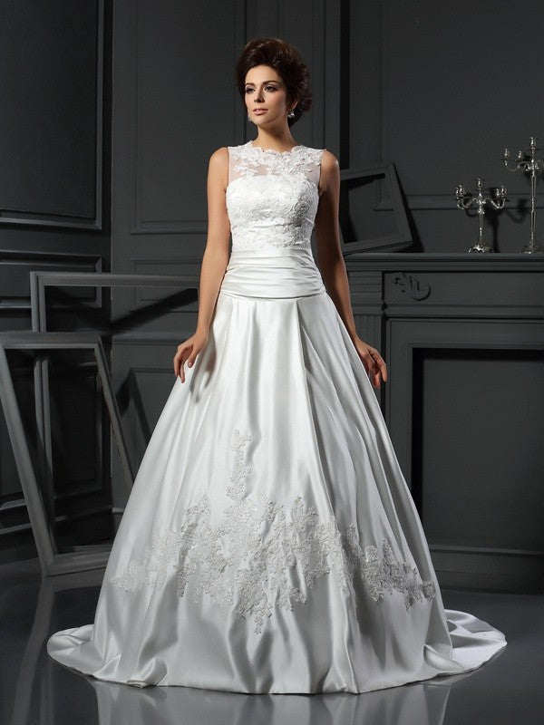 A-Line/Princess High Neck Applique Sleeveless Long Satin Wedding Dresses