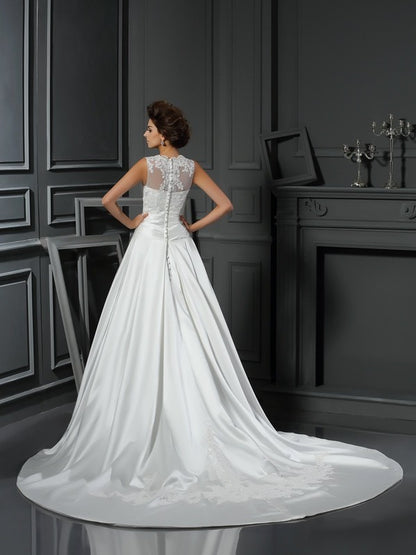 A-Line/Princess High Neck Applique Sleeveless Long Satin Wedding Dresses